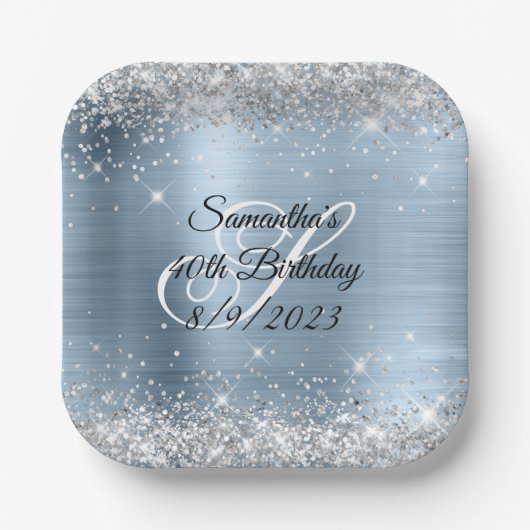 Silver Glitter Light Blue Folie 40th Birthday Papieren Bordje (Voorkant)