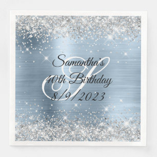Silver Glitter Light Blue Folie 40th Birthday Servet