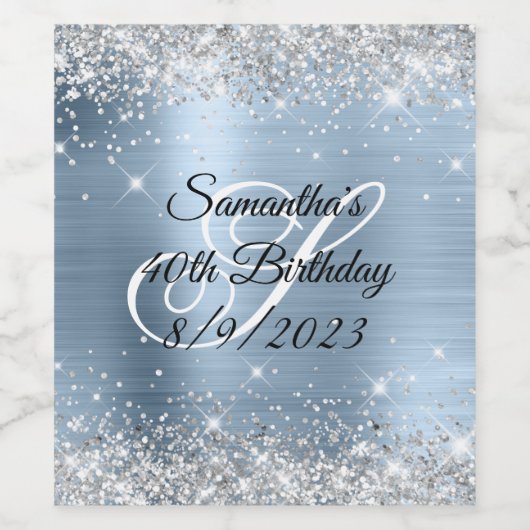Silver Glitter Light Blue Folie 40th Birthday Wijn Etiket (Enkel label)