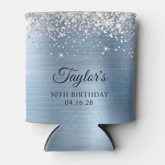 Silver Glitter Light Blue Folie 50th Birthday Blikjeskoeler (Voorkant)