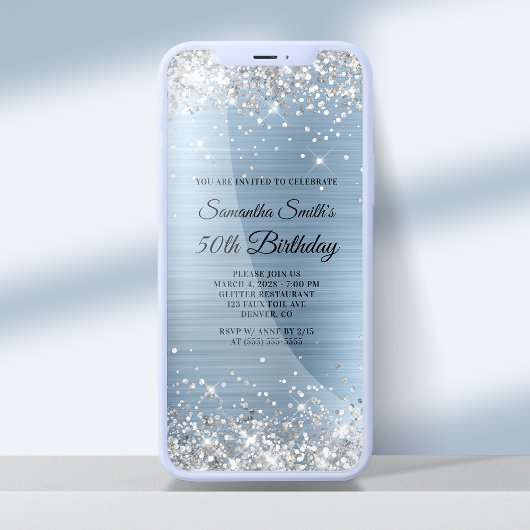 Silver Glitter Light Blue Folie 50th Birthday Kaart