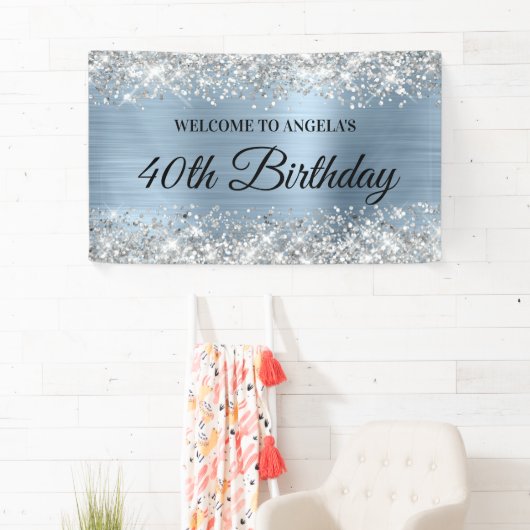 Silver Glitter Light Blue Folie Birthday Welcome Spandoek (Insitu)