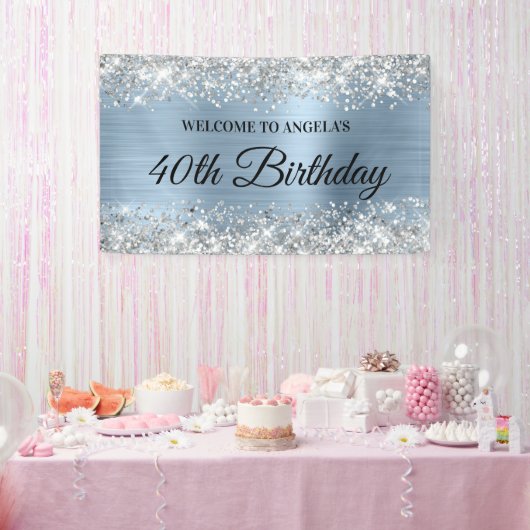 Silver Glitter Light Blue Folie Birthday Welcome Spandoek (Feest)