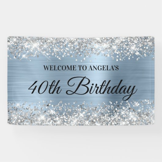 Silver Glitter Light Blue Folie Birthday Welcome Spandoek (Horizontaal)
