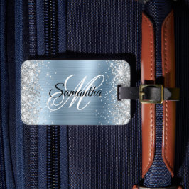 Silver Glitter Light Blue Folie Fancy Monogram Bagagelabel