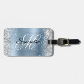 Silver Glitter Light Blue Folie Fancy Monogram Bagagelabel (Voorkant horizontaal)