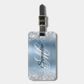 Silver Glitter Light Blue Folie Fancy Monogram Bagagelabel (Voorkant verticaal)