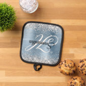 Silver Glitter Light Blue Folie Fancy Monogram Pannenlap (Top down)