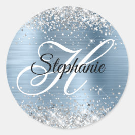 Silver Glitter Light Blue Folie Fancy Monogram Ronde Sticker