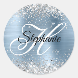 Silver Glitter Light Blue Folie Fancy Monogram Ronde Sticker
