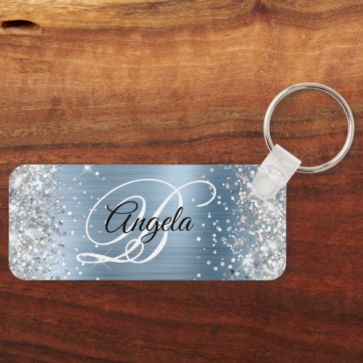 Silver Glitter Light Blue Folie Fancy Monogram Sleutelhanger (Voorkant)