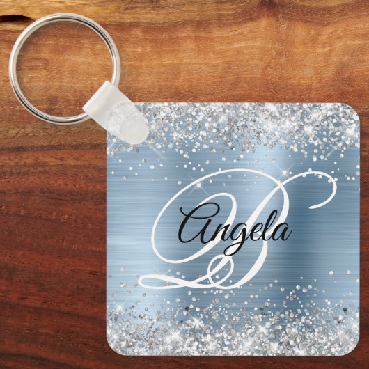 Silver Glitter Light Blue Folie Fancy Monogram Sleutelhanger (Voorkant)