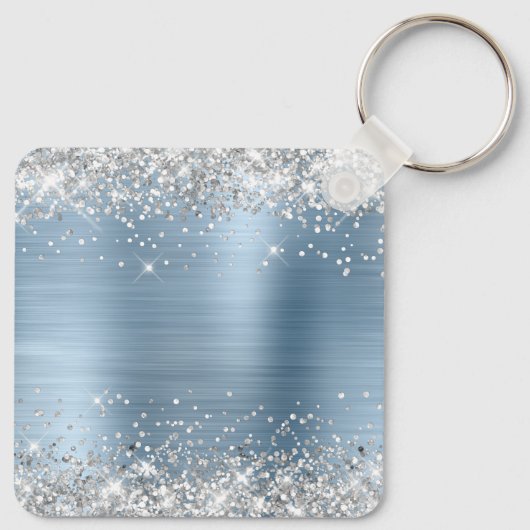 Silver Glitter Light Blue Folie Fancy Monogram Sleutelhanger (Achterkant)