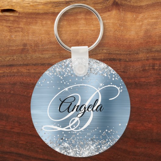 Silver Glitter Light Blue Folie Fancy Monogram Sleutelhanger (Voorkant)
