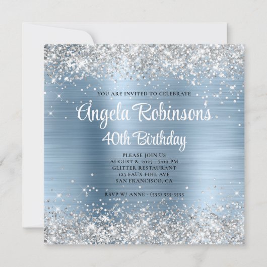 Silver Glitter Light Blue Glam 40th Birthday Kaart (Voorkant)