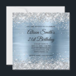 Silver Glitter Light Blue Monogram 21st Birthday Kaart<br><div class="desc">Een meisjesachtige glam monogram 21e verjaardagsuitnodiging voor haar met faux sparkly silver glitter tegen een lichtblauwe geborstelde metal folie. Pas de stijl van het kalligrafielettertype aan in het zwart-wit fancy monogram aan de achterkant of de moderne stijl van het lettertype van alle petten aan de voorkant. Alle sprankelende, glitterende en...</div>