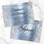 Silver Glitter Light Blue Monogram 21st Birthday Kaart