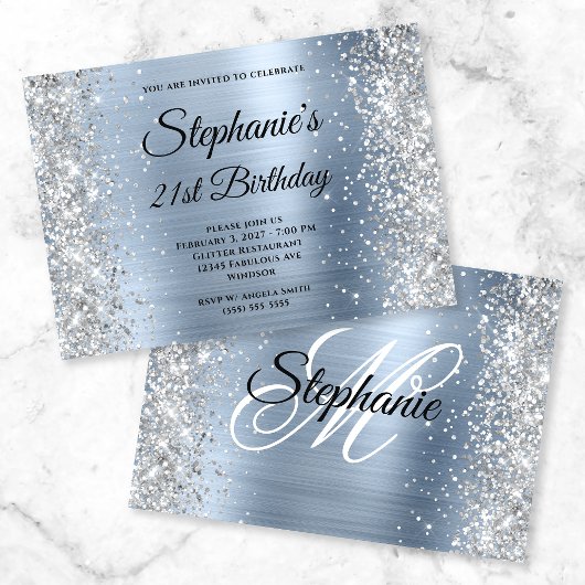 Silver Glitter Light Blue Monogram 21st Birthday Kaart