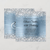 Silver Glitter Light Blue Monogram 40th Birthday Kaart (Voorkant / Achterkant)