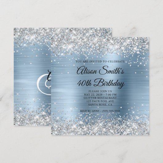 Silver Glitter Light Blue Monogram 40th Birthday Kaart (Voorkant / Achterkant)