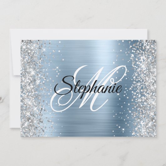 Silver Glitter Light Blue Monogram 40th Birthday Kaart (Achterkant)