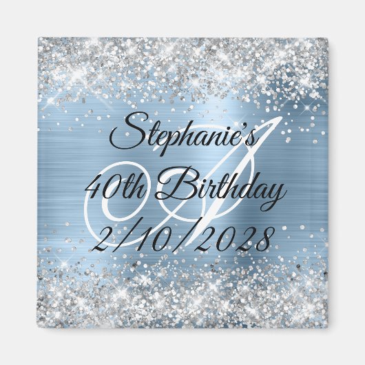 Silver Glitter Light Blue Monogram 40th Birthday Magneet (Voorkant)