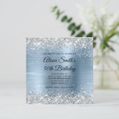 Silver Glitter Light Blue Monogram 50th Birthday Kaart (Staand voorkant)