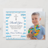 Silver Glitter Light Blue Photo First Communtion Bedankkaart (Voorkant)