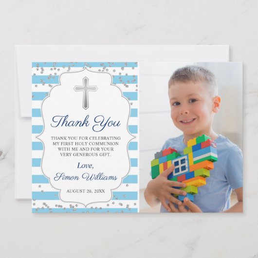 Silver Glitter Light Blue Photo First Communtion Bedankkaart (Voorkant)