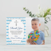 Silver Glitter Light Blue Photo First Communtion Bedankkaart (Staand voorkant)