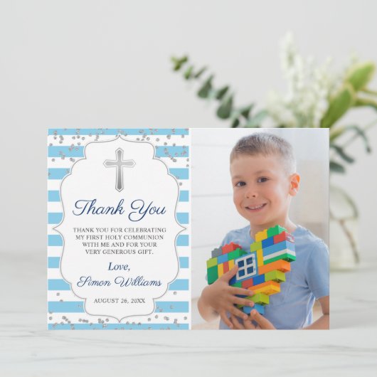 Silver Glitter Light Blue Photo First Communtion Bedankkaart (Staand voorkant)