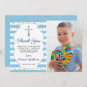 Silver Glitter Light Blue Photo First Communtion Bedankkaart (Voorkant / Achterkant)