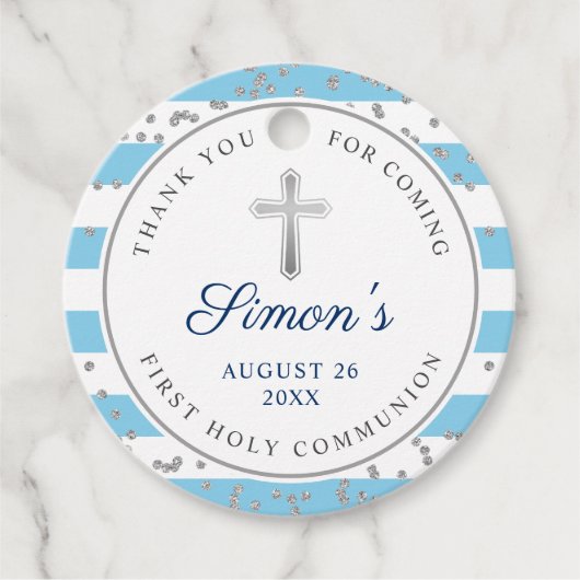Silver Glitter Light Blue Stripes First Community Bedankjes Labels (Voorkant)