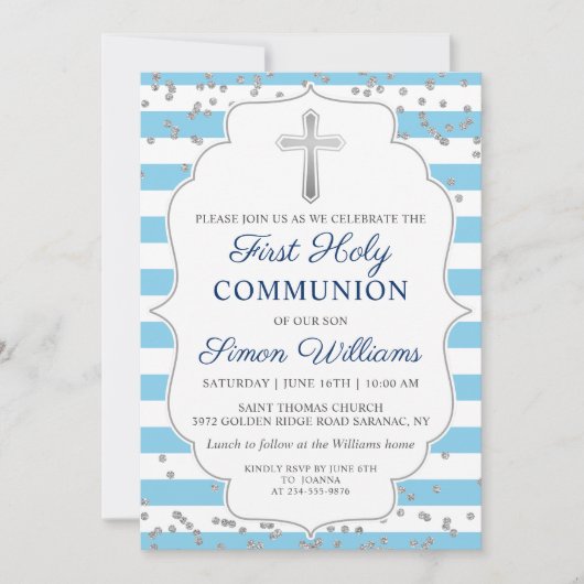 Silver Glitter Light Blue Stripes First Community Kaart (Voorkant)