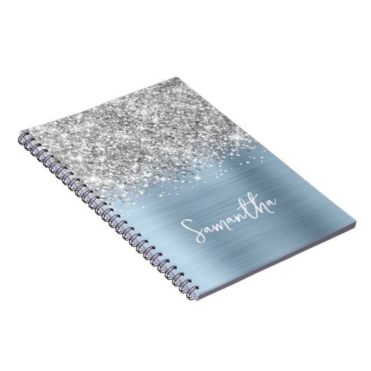 Silver Glitter Light Dusty Blue Glam Script naam Notitieboek (Rechterzijde)