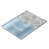 Silver Glitter Light Dusty Blue Glam Script naam Notitieboek (Linkerzijde)