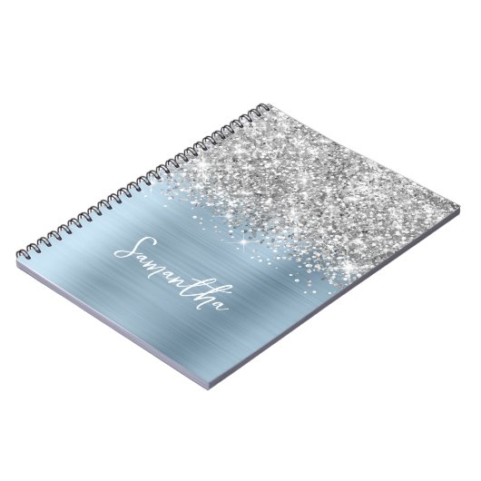 Silver Glitter Light Dusty Blue Glam Script naam Notitieboek (Linkerzijde)