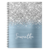 Silver Glitter Light Dusty Blue Glam Script naam Notitieboek (Voorkant)