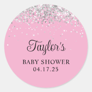 Silver Glitter Light Pink Baby shower Ronde Sticker