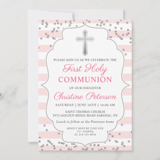 Silver Glitter Light Pink First Heilige Communie Kaart (Voorkant)