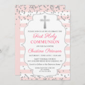 Silver Glitter Light Pink First Heilige Communie Kaart (Voorkant / Achterkant)