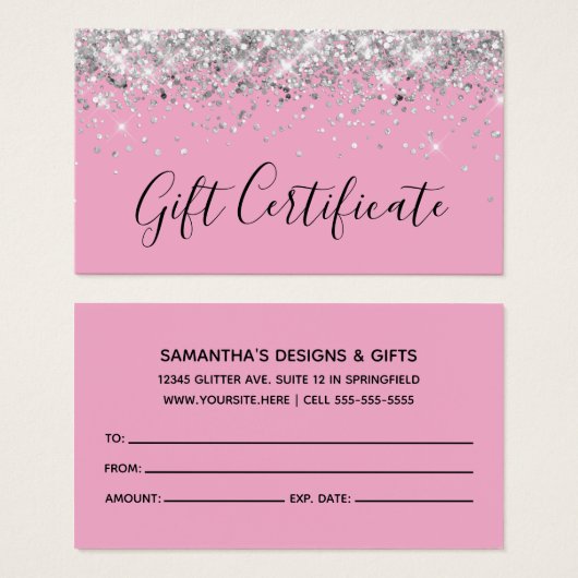 Silver Glitter Light Pink Gift Certificaat Visitekaartje (Voorkant /achterkant)