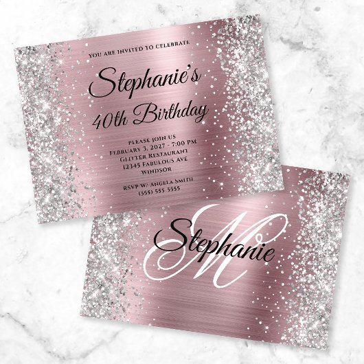 Silver Glitter Light Pink Monogram 40th Birthday Kaart
