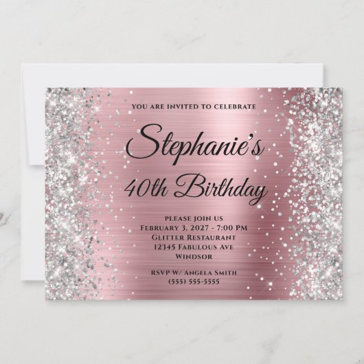 Silver Glitter Light Pink Monogram 40th Birthday Kaart (Voorkant)