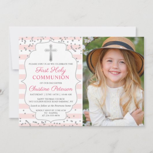 Silver Glitter Light Pink Photo First Communtion Kaart (Voorkant)
