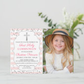 Silver Glitter Light Pink Photo First Communtion Kaart (Staand voorkant)
