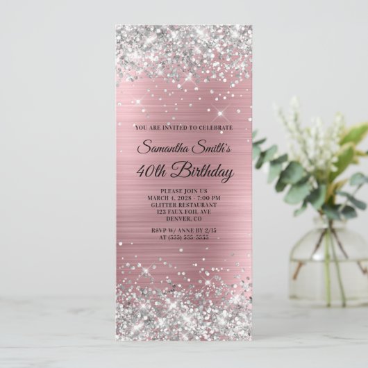 Silver Glitter Light Roze Folie 40th Birthday Kaart (Staand voorkant)