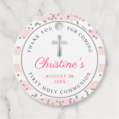Silver Glitter Light Roze Stripes First Commune Bedankjes Labels (Voorkant)