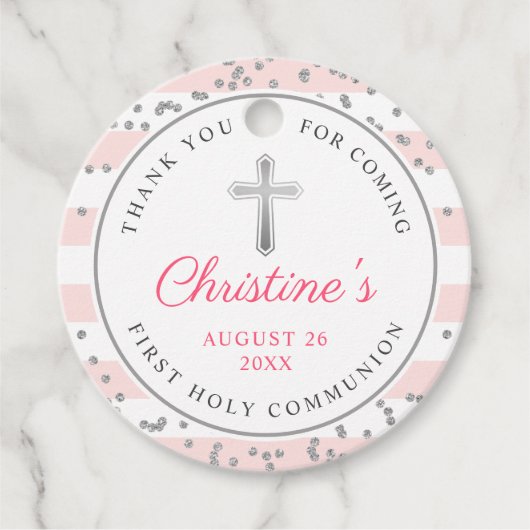 Silver Glitter Light Roze Stripes First Commune Bedankjes Labels (Voorkant)