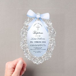 Silver Glitter Lijst Blue Bow doop Acryl Uitnodigingen